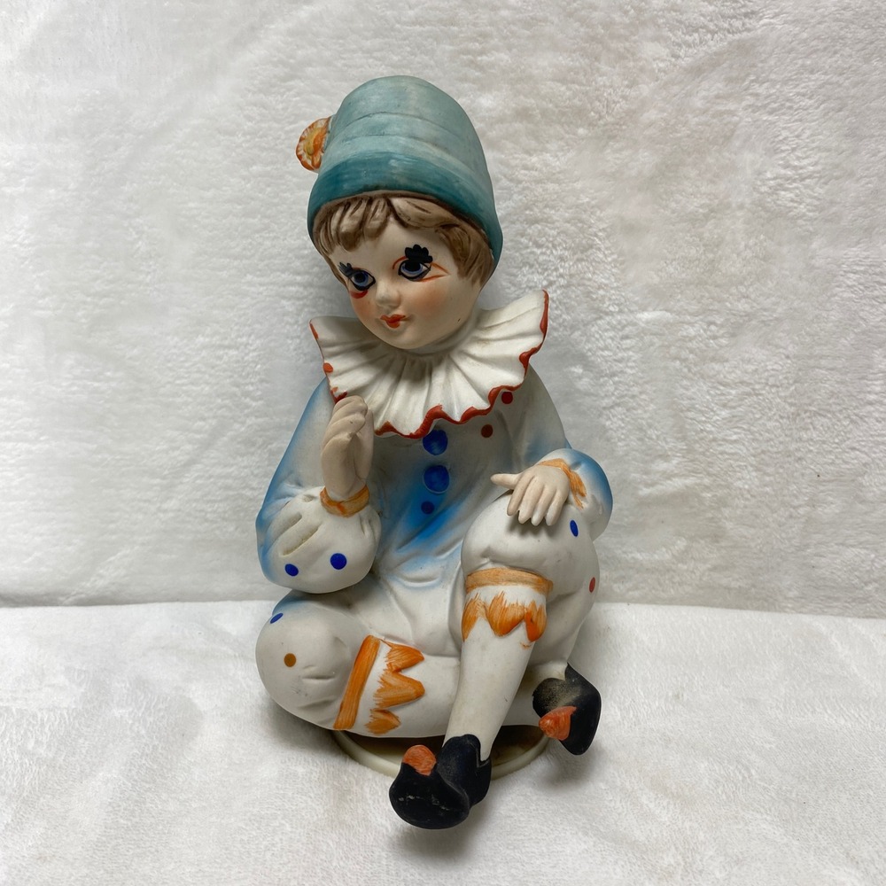 Vintage Porcelain Clown Figurine Sitting Blue Rotating Music Box *Working*